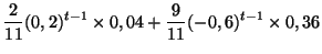 $\displaystyle \frac{2}{11}(0,2)^{t-1}\times0,04+\frac{9}{11}(-0,6)^{t-1}\times0,36$