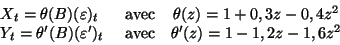 \begin{displaymath}
\begin{array}{ccc}
X_t={\theta}(B)({\varepsilon})_t\hfill&\m...
...}')_t\hfill&\mbox{ avec}&{\theta}'(z)=1-1,2z-1,6z^2
\end{array}\end{displaymath}