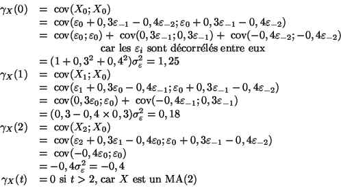 \begin{displaymath}
\begin{array}{rl}
{\gamma}_X(0)&=\mathop{\hbox{ cov}}\nolimi...
...amma}_X(t)&=0\mbox{ si $t>2$, car $X$ est un MA(2)}
\end{array}\end{displaymath}
