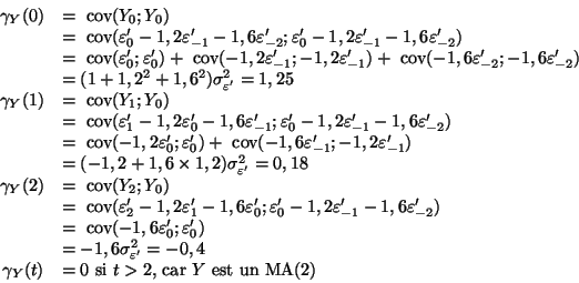\begin{displaymath}
\begin{array}{rl}
{\gamma}_Y(0)&=\mathop{\hbox{ cov}}\nolimi...
...amma}_Y(t)&=0\mbox{ si $t>2$, car $Y$ est un MA(2)}
\end{array}\end{displaymath}
