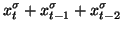 $\displaystyle x^{\sigma}_t+x^{\sigma}_{t-1}+x^{\sigma}_{t-2}$