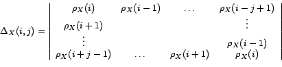 \begin{displaymath} \left\{ \begin{array}{lr} {\Delta}_X(i,j)=0&\ \forall i>q\ ... ...\ {\Delta}_X(q,j)\not=0&\ \forall j\geq p \end{array}\right. \end{displaymath}